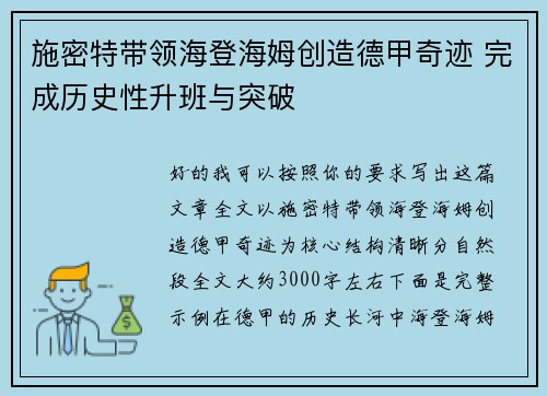施密特带领海登海姆创造德甲奇迹 完成历史性升班与突破